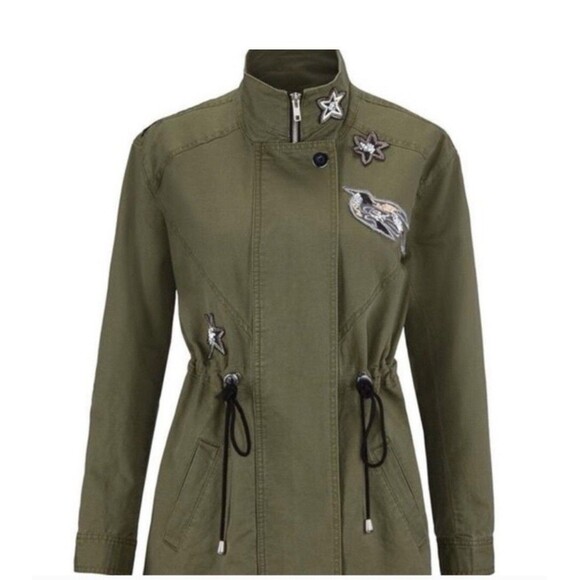 Cabi Utility Military Jacket Sequin Embellished Bird Star Patch Army Green Sz S - Picture 2 of 16